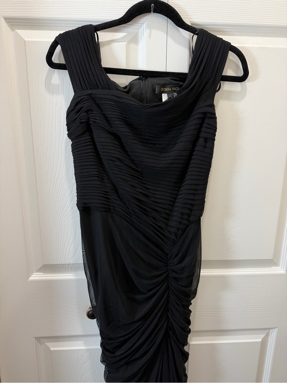 Tadashi Shoji Black Draped Mesh Evening Gown M - Picture 4 of 11